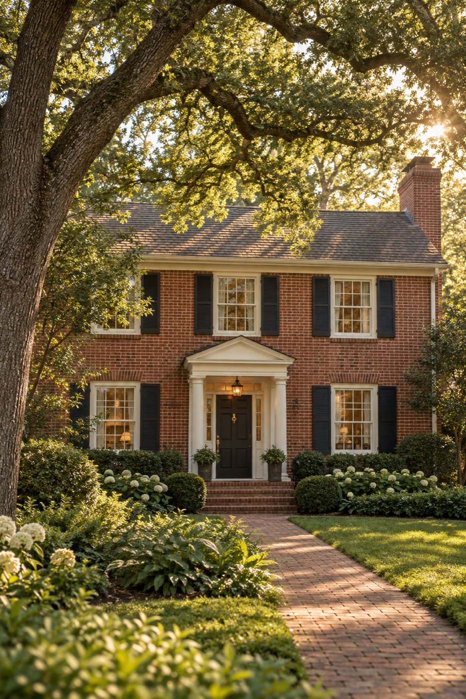 A welcoming brick home beneath mature trees