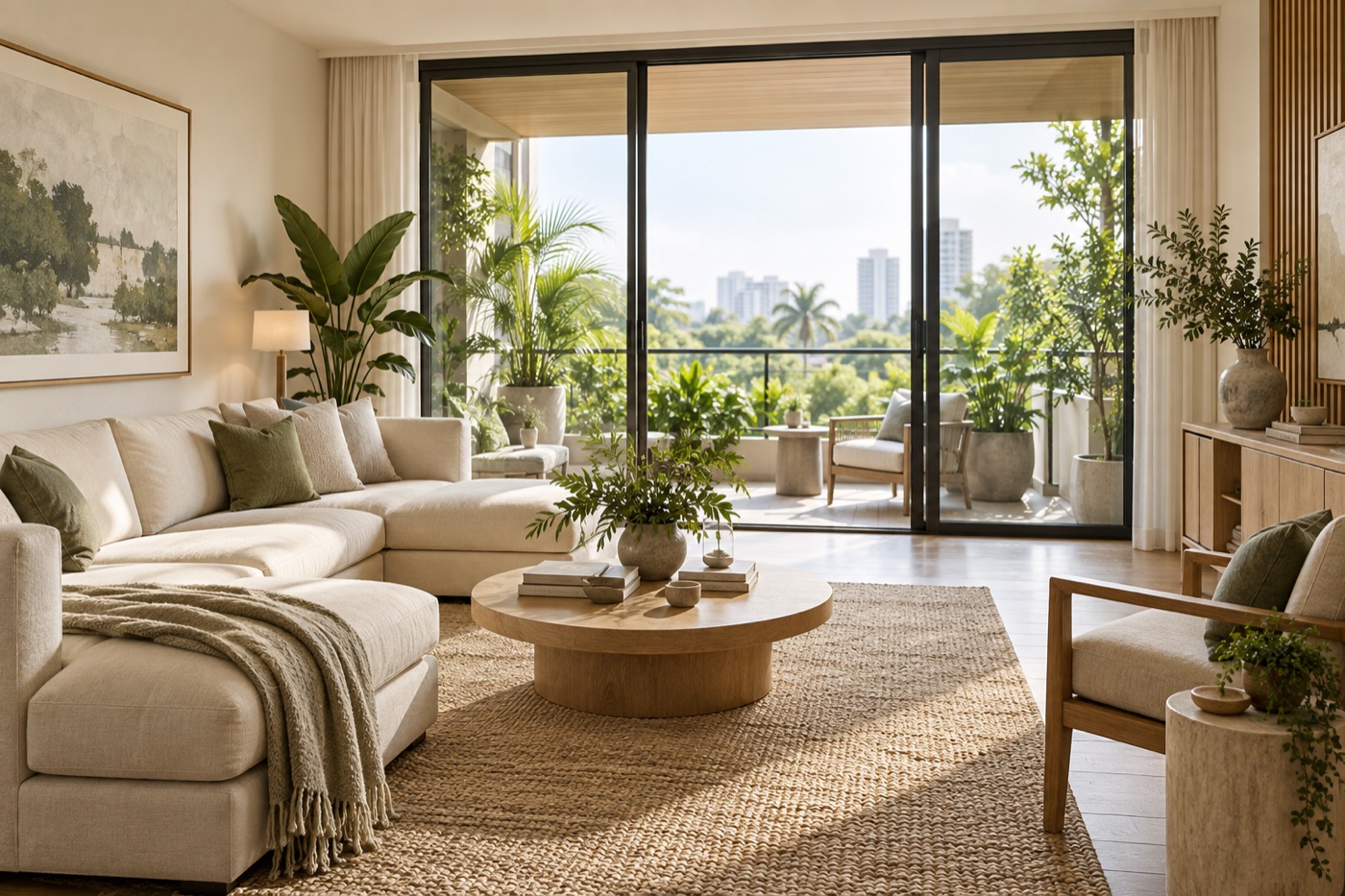 A bright condominium living room opening onto a planted balcony