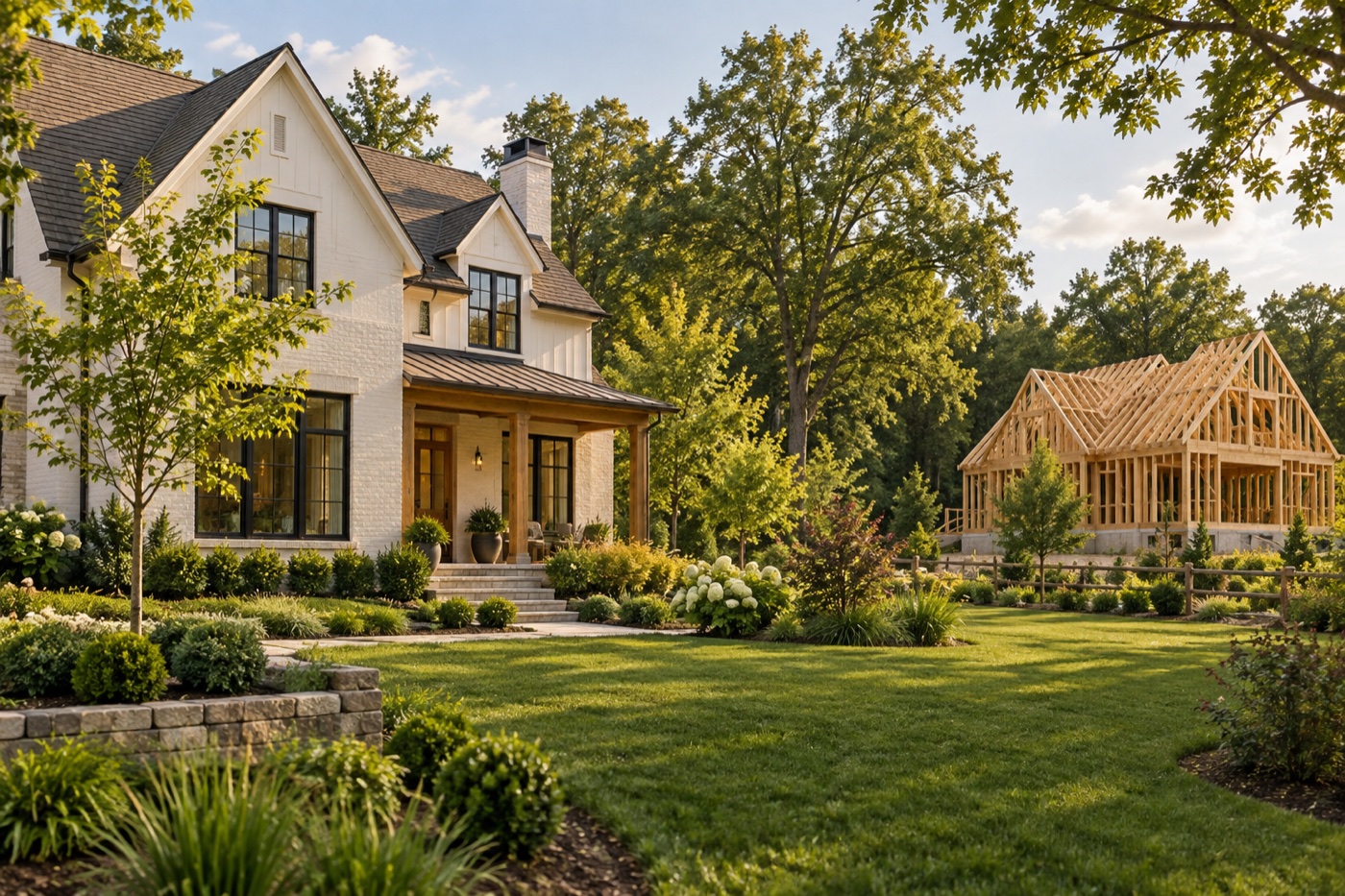 A thoughtfully designed new home beside a partially completed neighboring structure