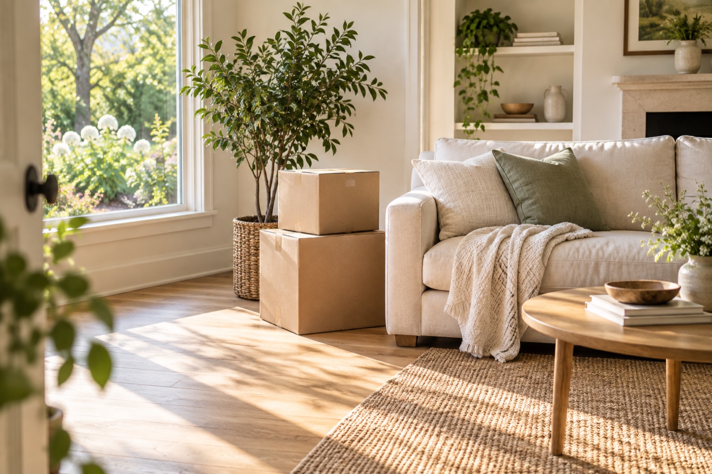 Moving boxes and a leafy plant in a bright new living room