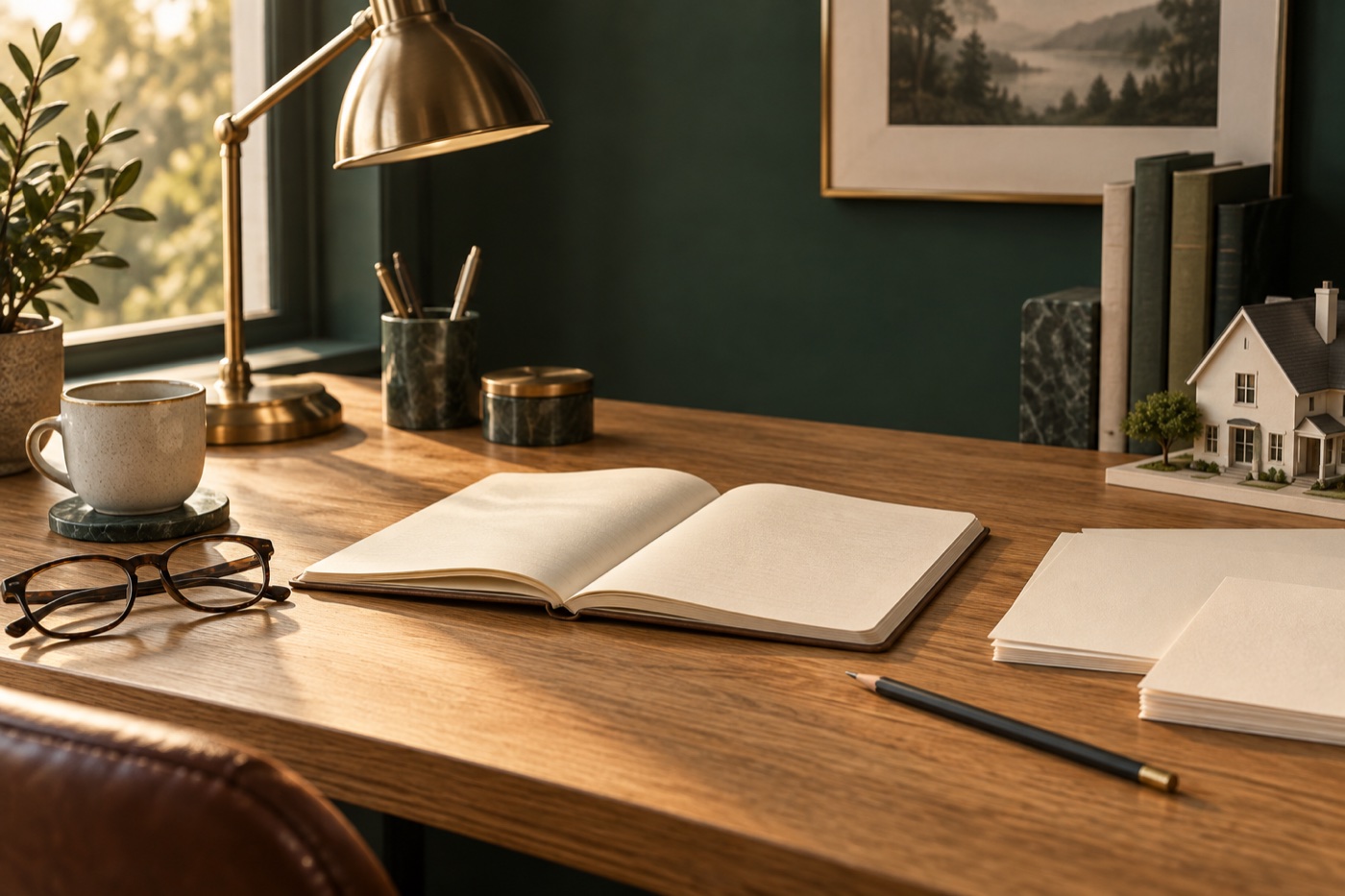 A calm workspace with a notebook and home planning materials