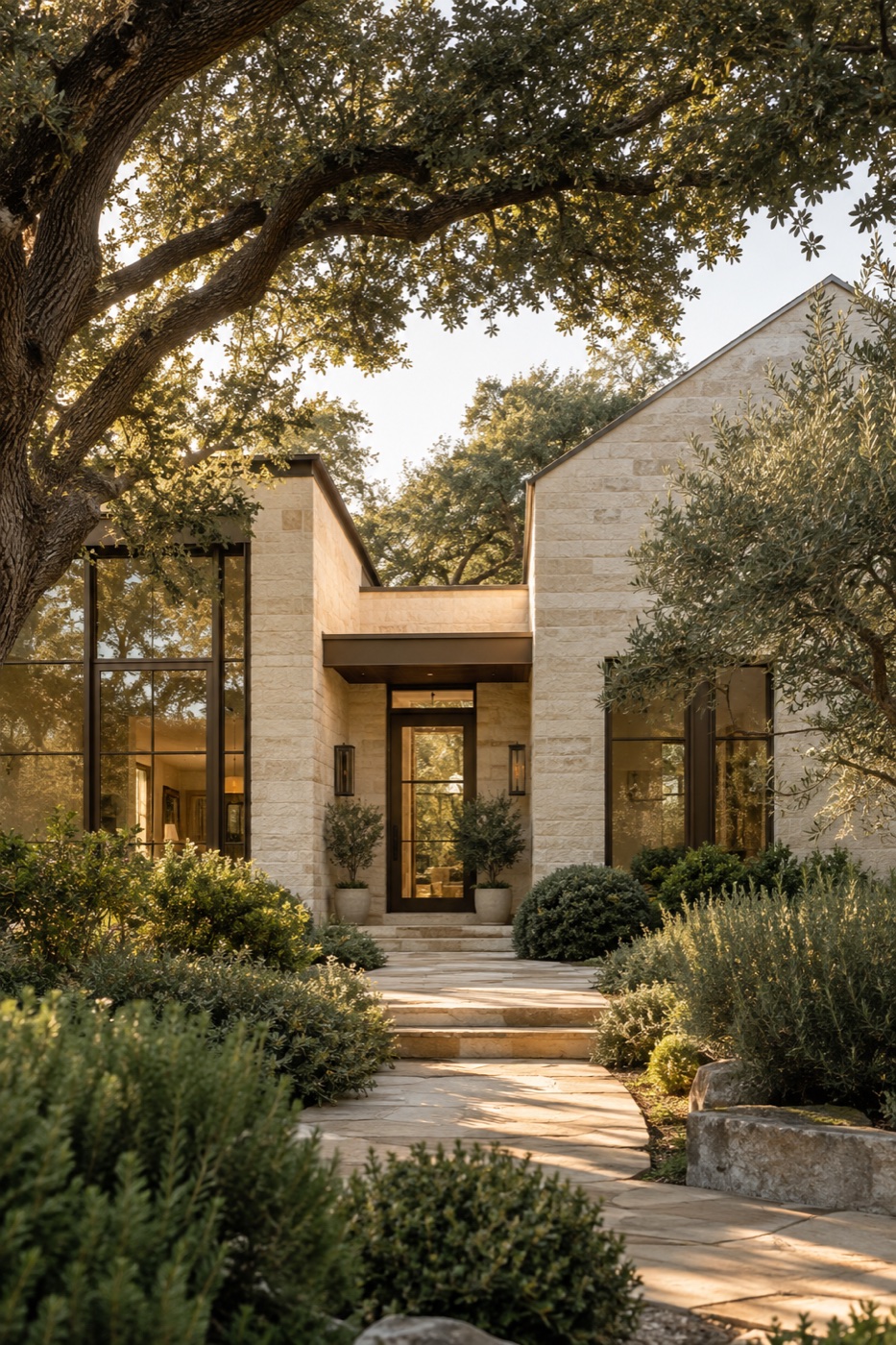 A warm stone home framed by mature oak trees