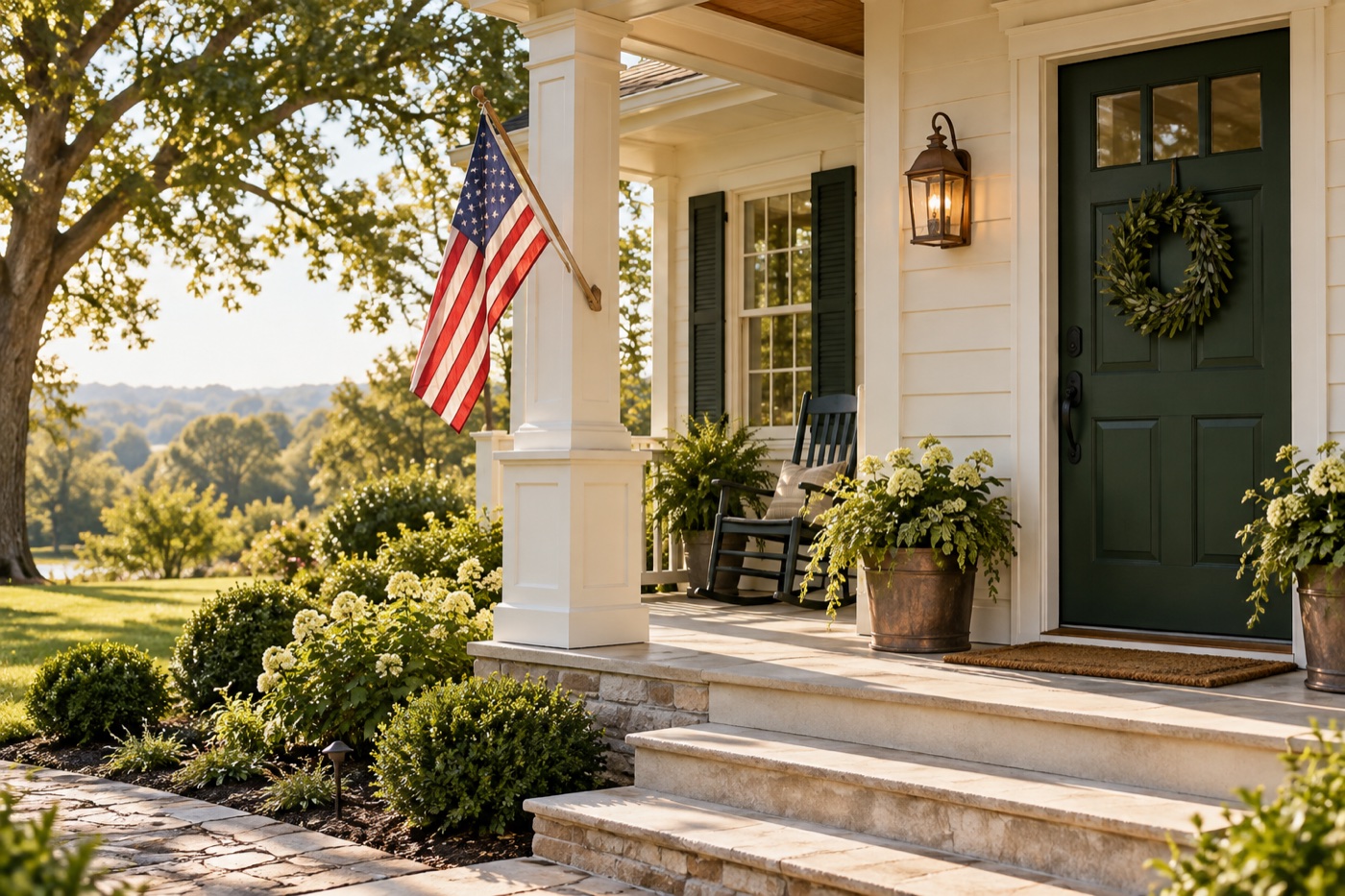 A welcoming porch with a small American flag