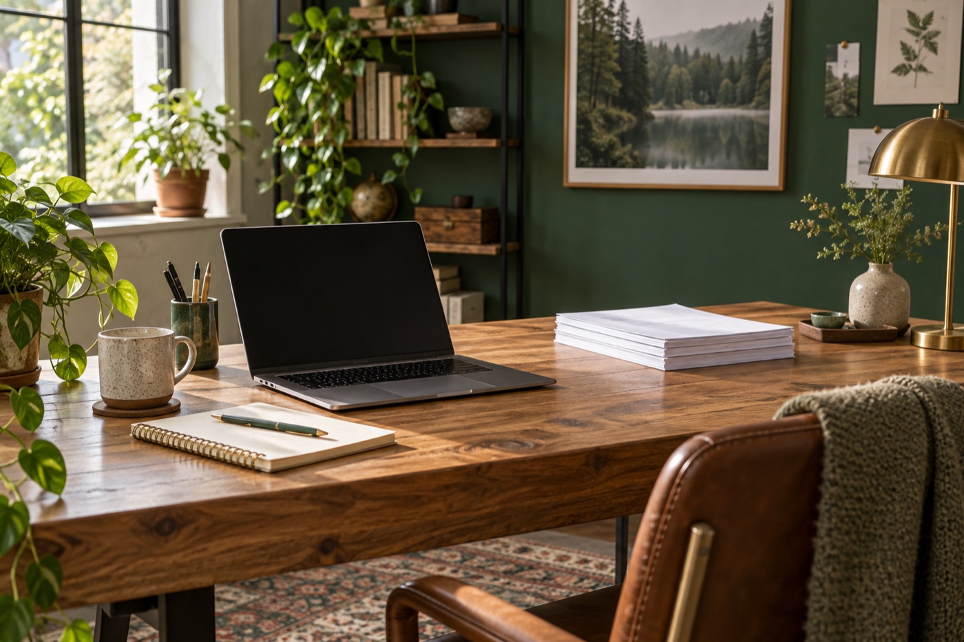 A thoughtful small-business workspace with a laptop and notebook